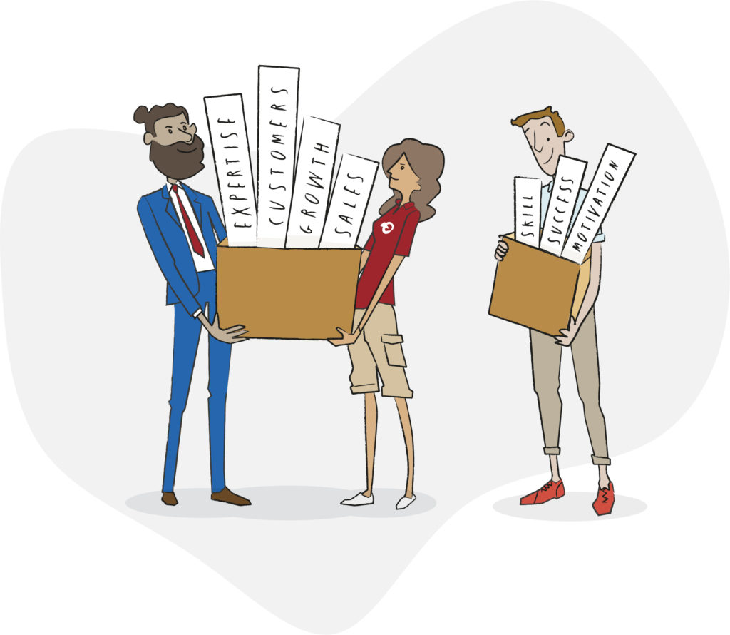 About us - Industry expert team Sales Coach - We are about: Expertise, three people carrying two boxes first box signs with Customers, Growth and Sales the second box signs Skills, Success and Motivation